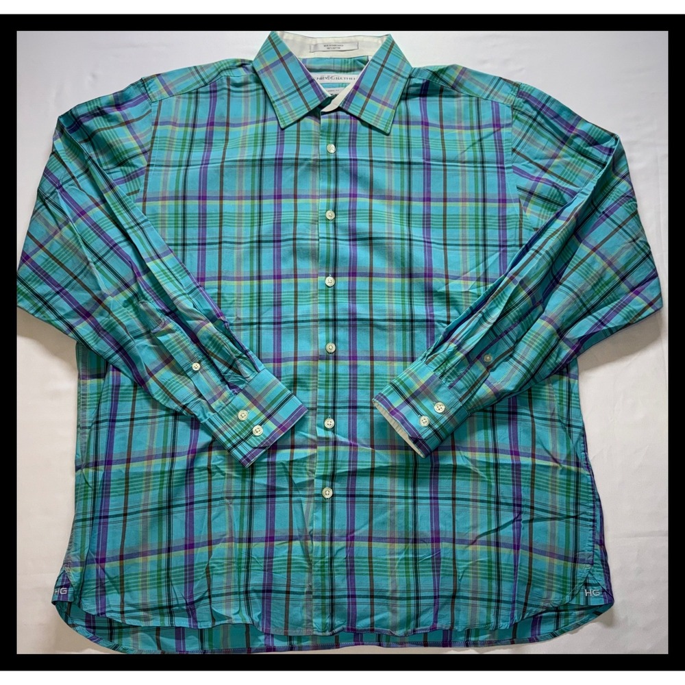 Henry Grethel Button Down Shirt Mens Large Teal‎ Purple Plaid Classic Fit Cotton